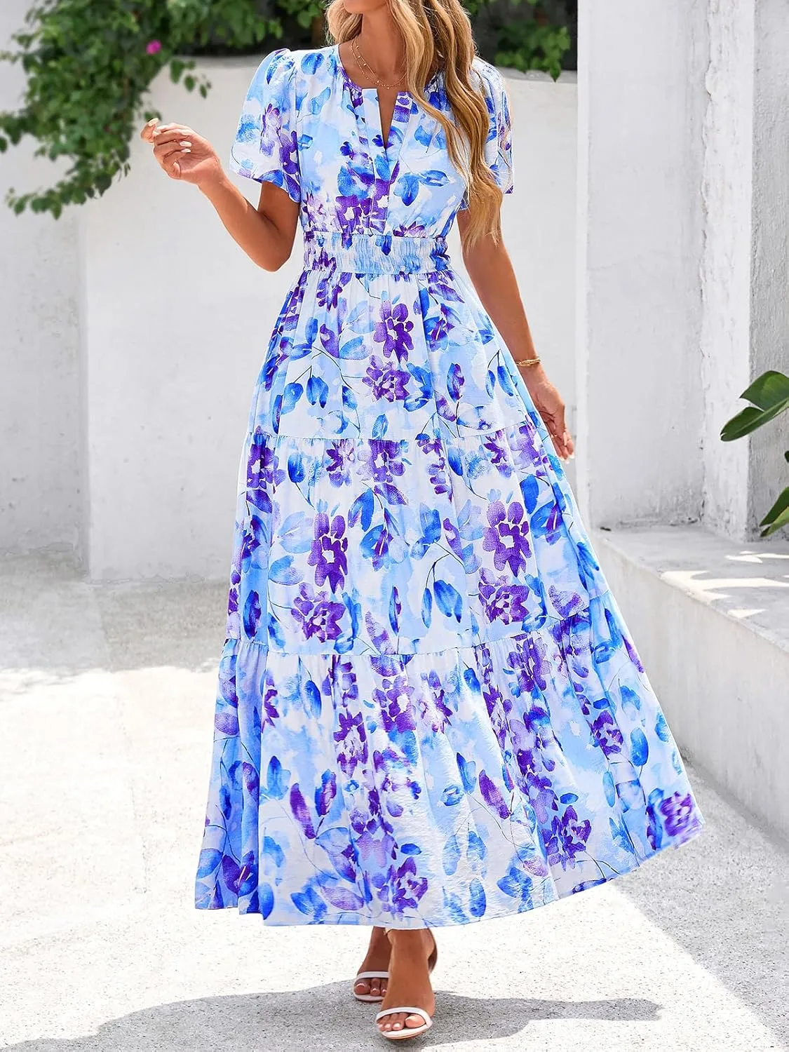 BTFBM Summer Dresses for Women 2025 Floral Casual Short Sleeve V Neck Elastic Waist Maxi Wedding Guest Dress Pockets