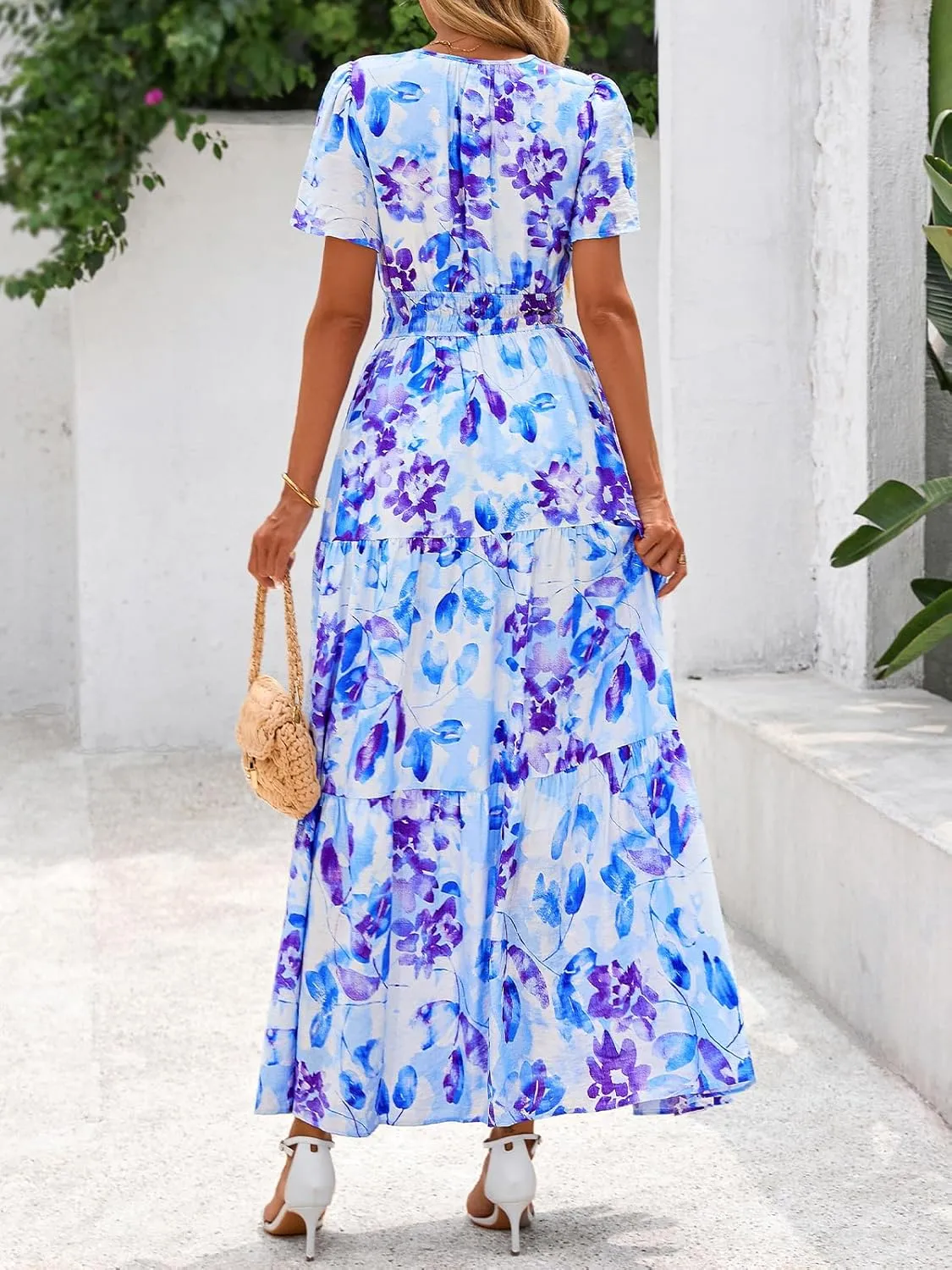 BTFBM Summer Dresses for Women 2025 Floral Casual Short Sleeve V Neck Elastic Waist Maxi Wedding Guest Dress Pockets
