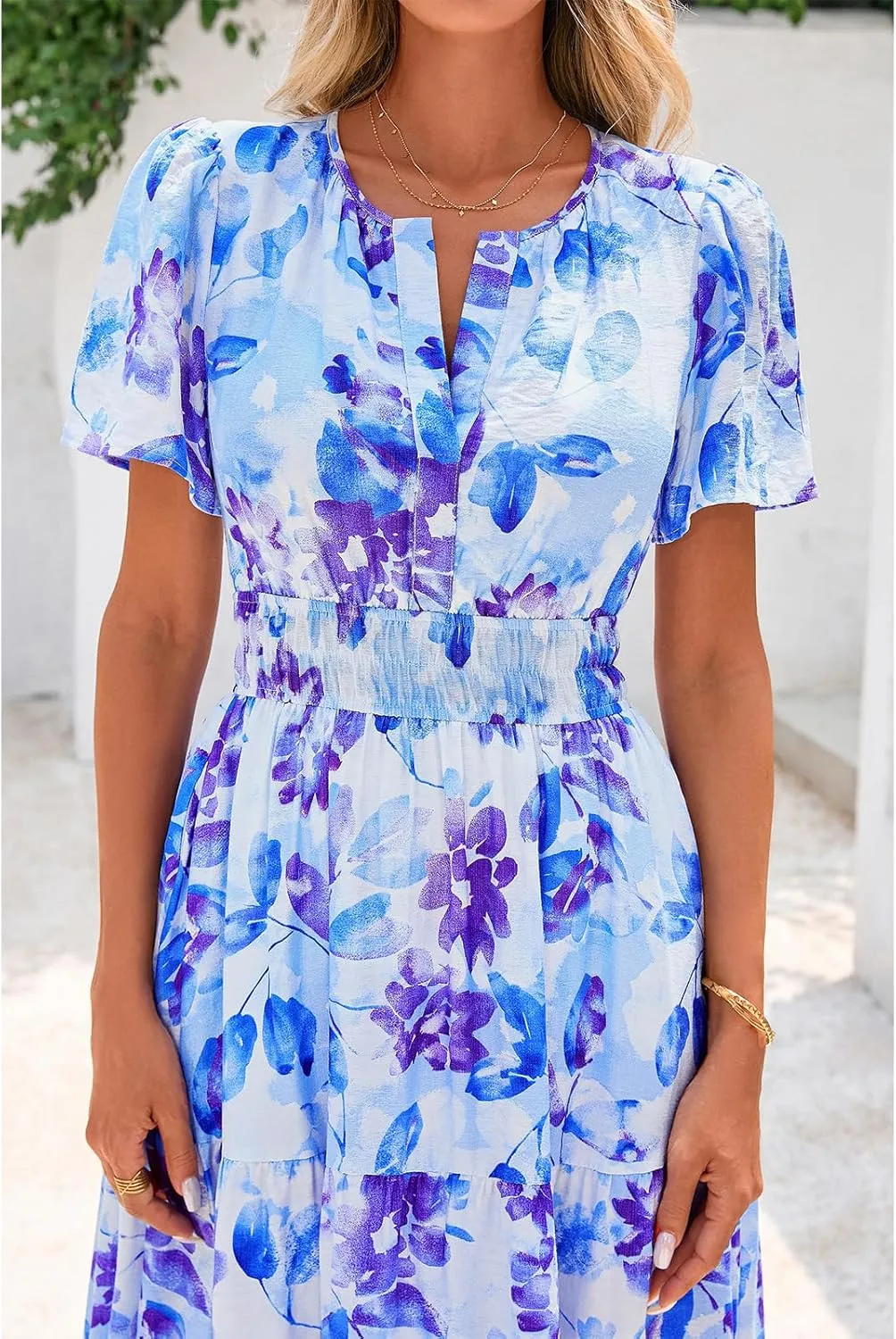 BTFBM Summer Dresses for Women 2025 Floral Casual Short Sleeve V Neck Elastic Waist Maxi Wedding Guest Dress Pockets