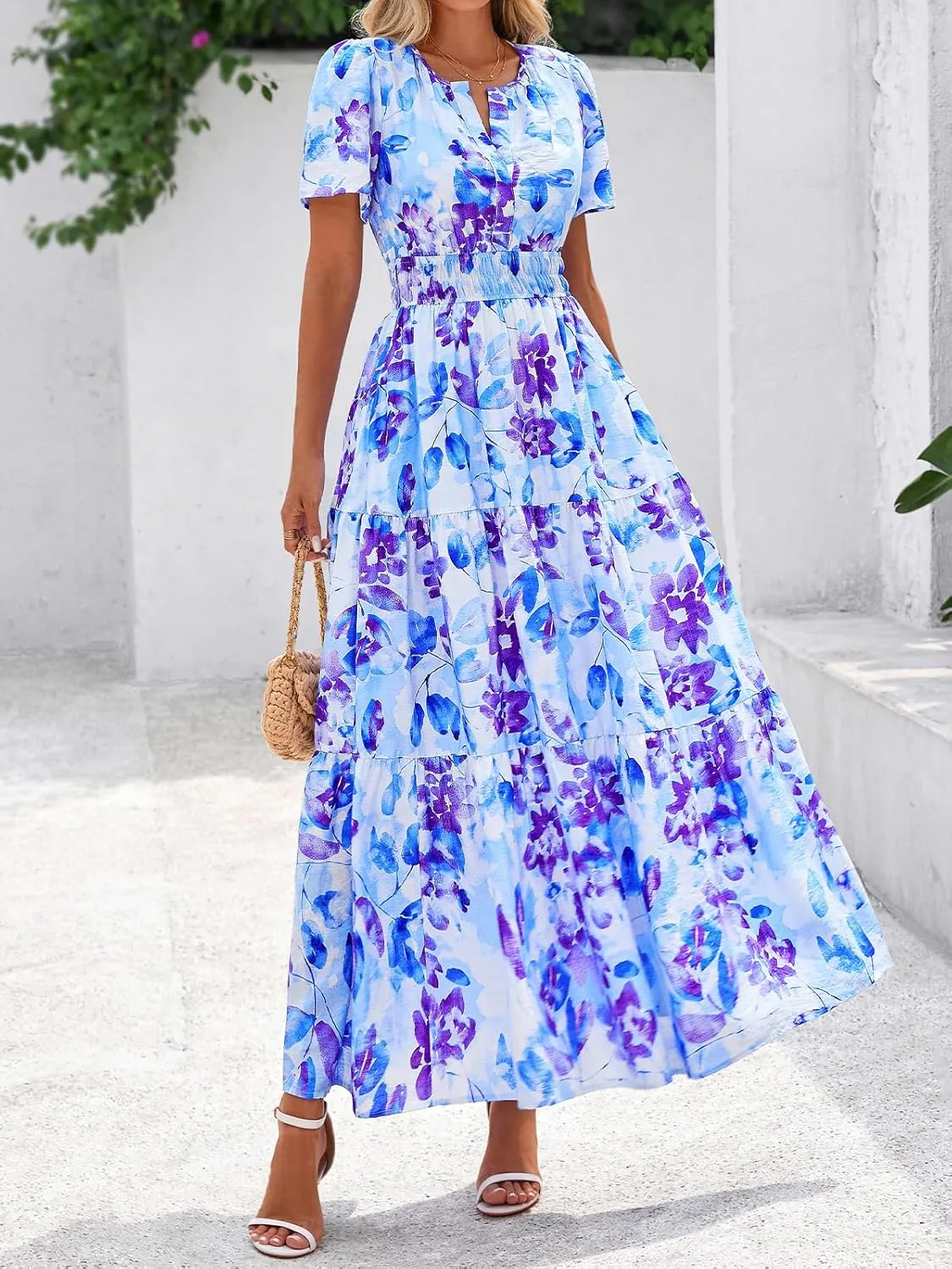 BTFBM Summer Dresses for Women 2025 Floral Casual Short Sleeve V Neck Elastic Waist Maxi Wedding Guest Dress Pockets