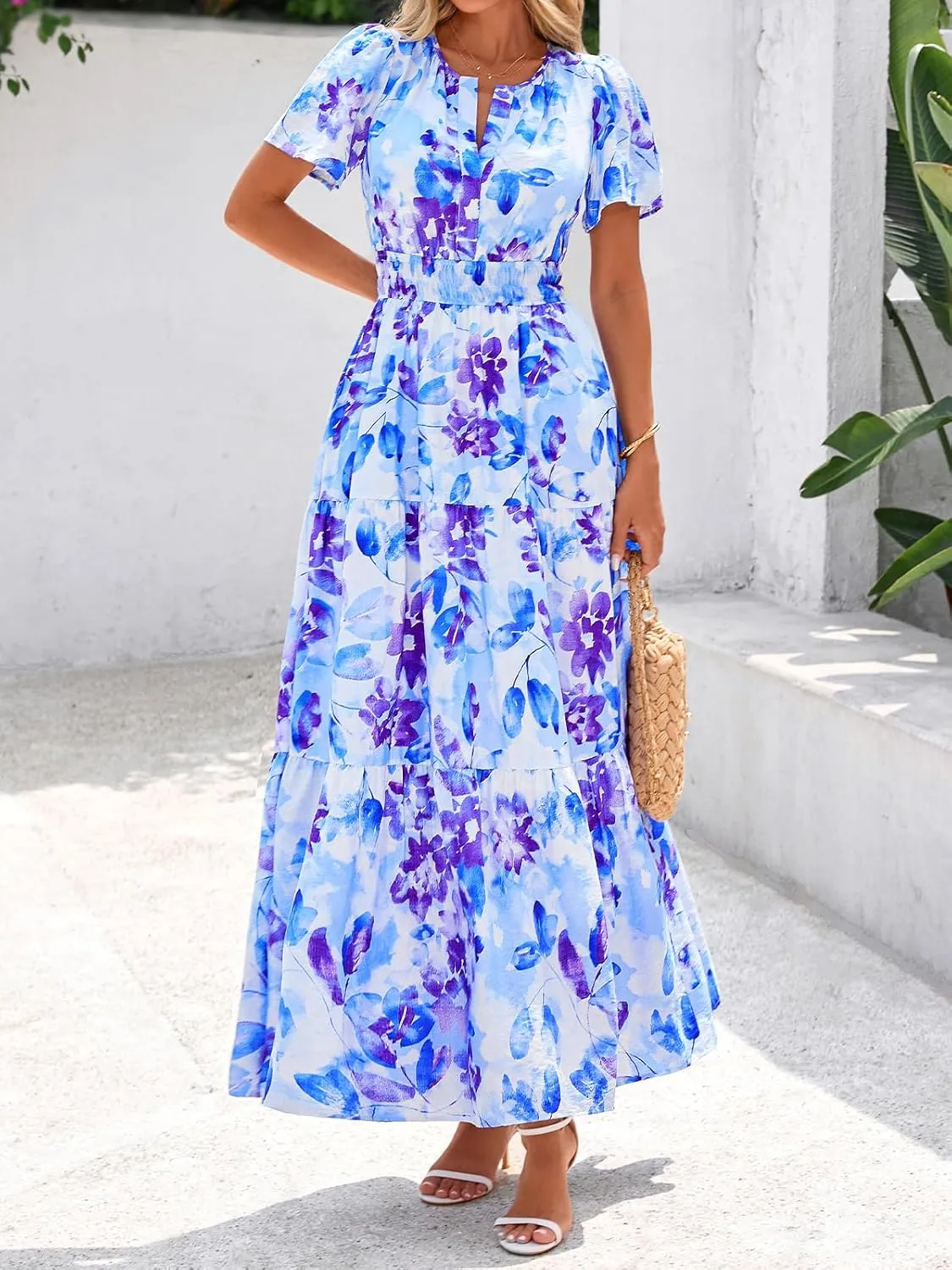 BTFBM Summer Dresses for Women 2025 Floral Casual Short Sleeve V Neck Elastic Waist Maxi Wedding Guest Dress Pockets
