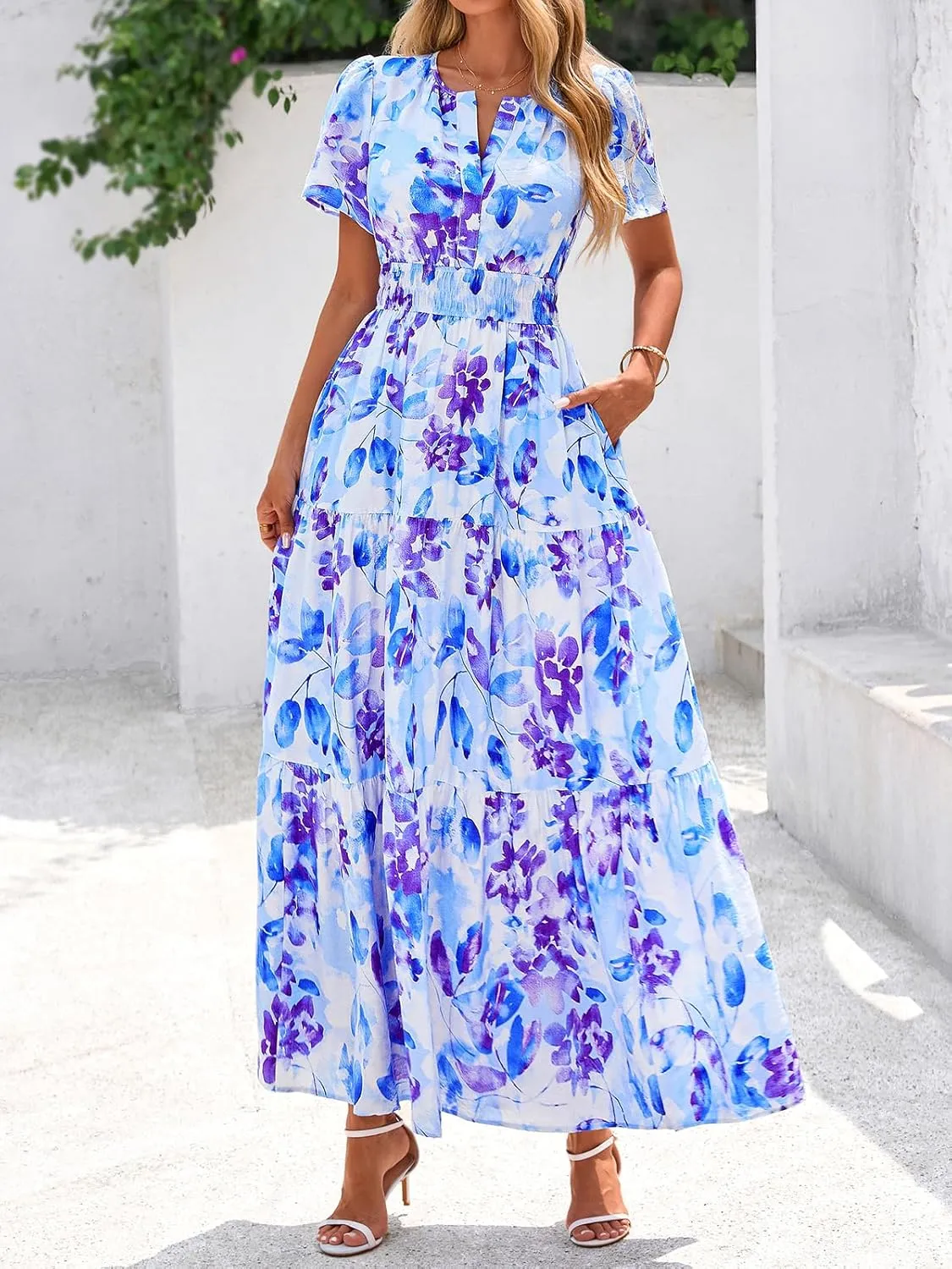 BTFBM Summer Dresses for Women 2025 Floral Casual Short Sleeve V Neck Elastic Waist Maxi Wedding Guest Dress Pockets