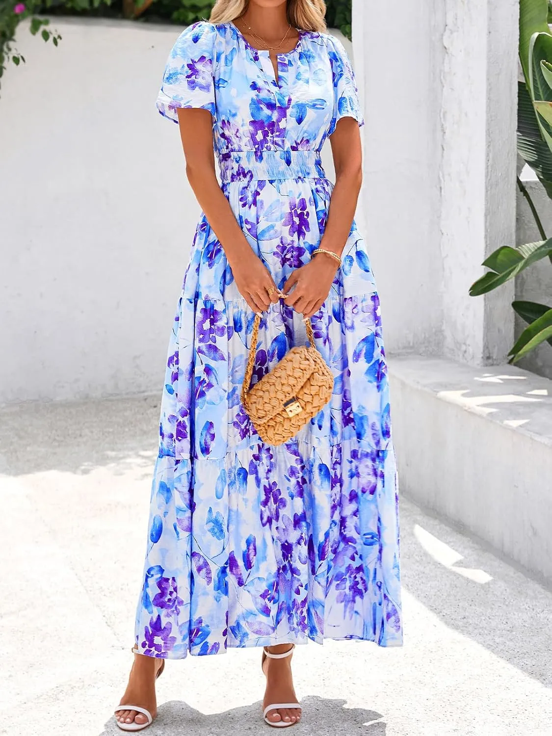 BTFBM Summer Dresses for Women 2025 Floral Casual Short Sleeve V Neck Elastic Waist Maxi Wedding Guest Dress Pockets