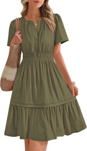 BTFBM Women's Casual Dresses 2025 Summer Spring V Neck Short Sleeve Sundress Smocked Waist A Line Tiered Mini Dress