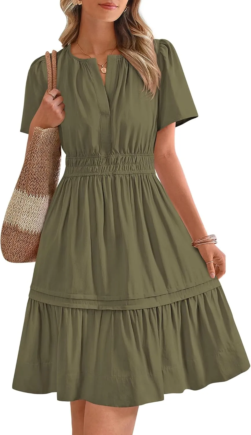 BTFBM Women's Casual Dresses 2025 Summer Spring V Neck Short Sleeve Sundress Smocked Waist A Line Tiered Mini Dress