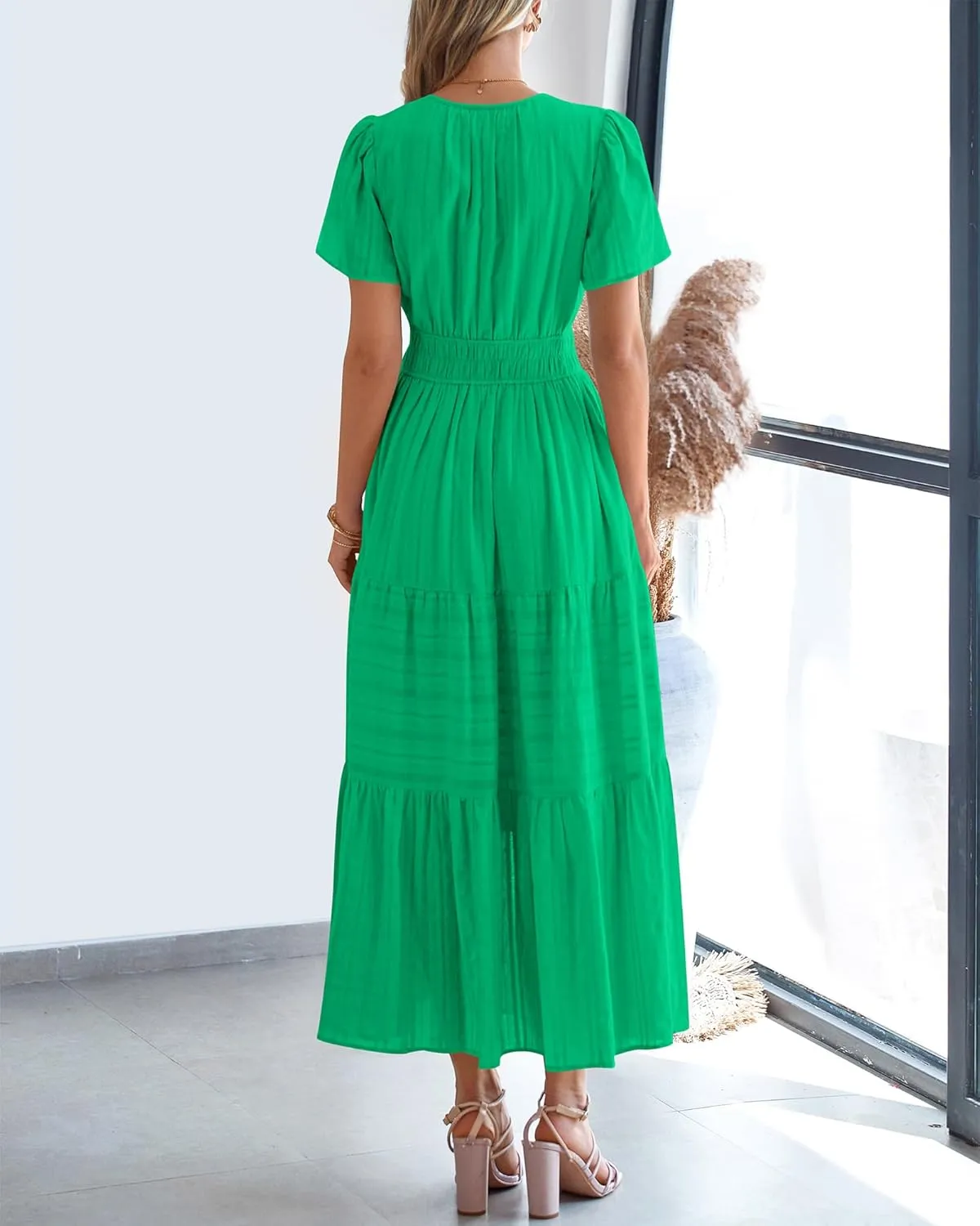 BTFBM Womens Summer 2025 Casual Midi Maxi Dresses Lightweight Short Sleeve V Neck Elastic Waist Boho Beach Dress Pockets