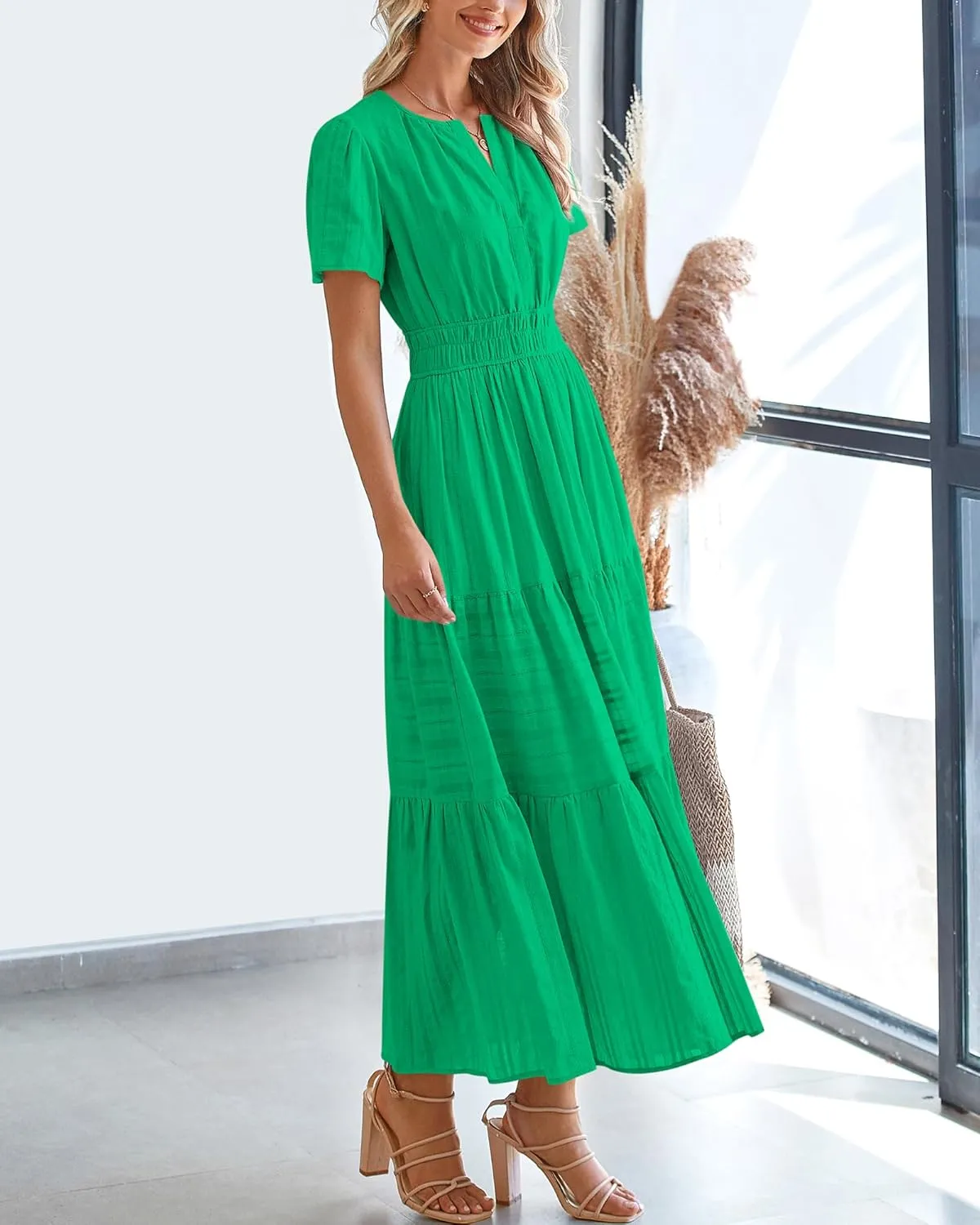 BTFBM Womens Summer 2025 Casual Midi Maxi Dresses Lightweight Short Sleeve V Neck Elastic Waist Boho Beach Dress Pockets