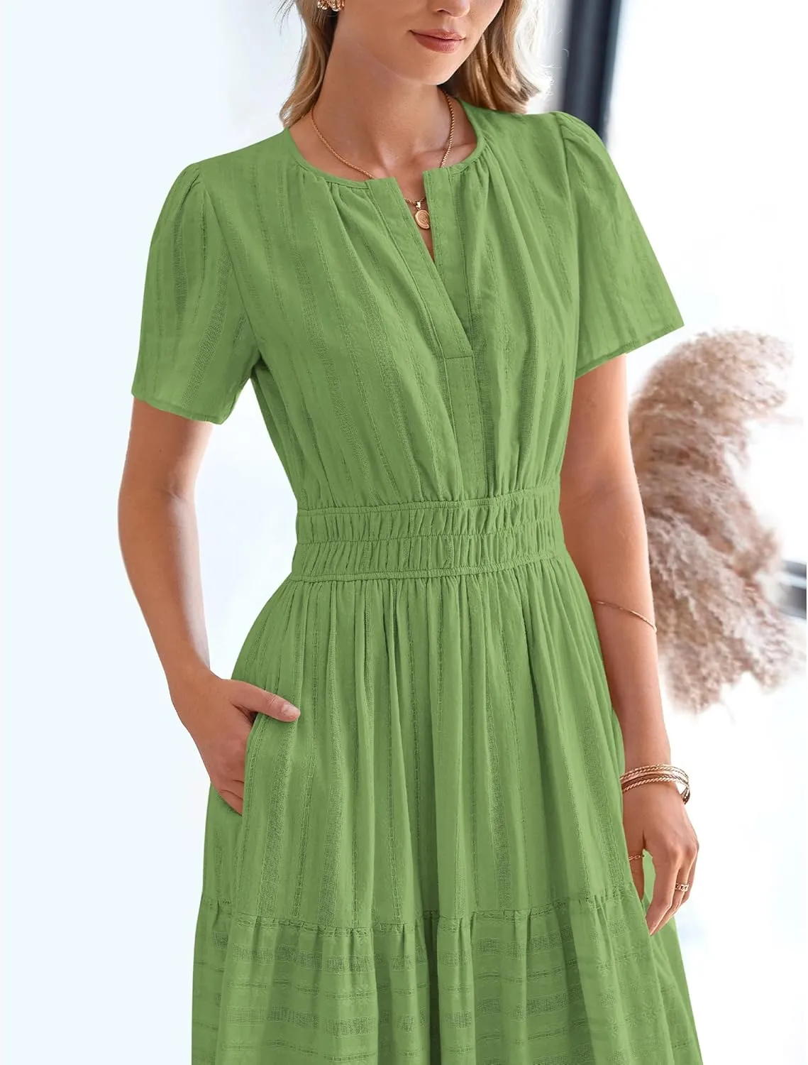 BTFBM Womens Summer 2025 Casual Midi Maxi Dresses Lightweight Short Sleeve V Neck Elastic Waist Boho Beach Dress Pockets