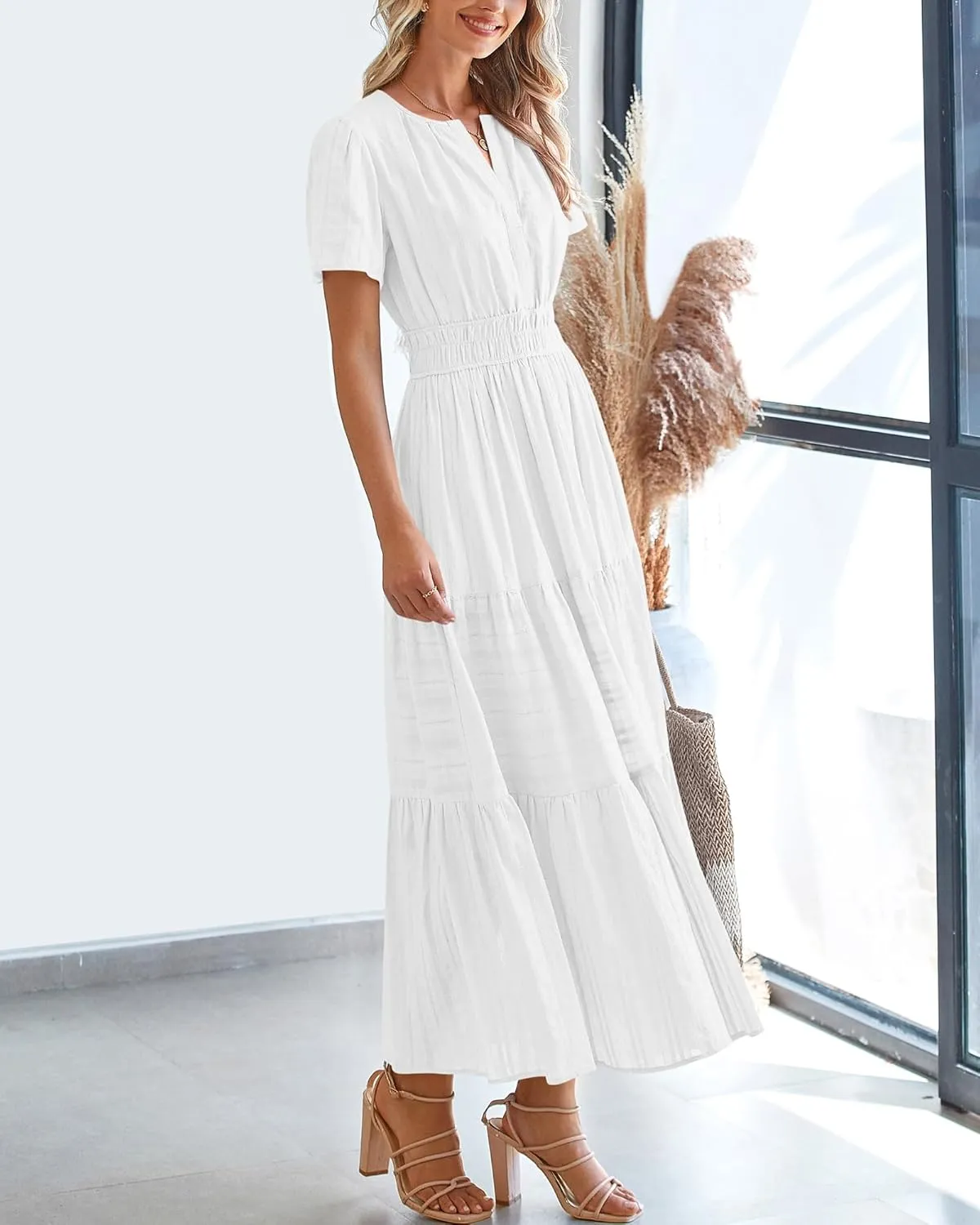 BTFBM Womens Summer 2025 Casual Midi Maxi Dresses Lightweight Short Sleeve V Neck Elastic Waist Boho Beach Dress Pockets