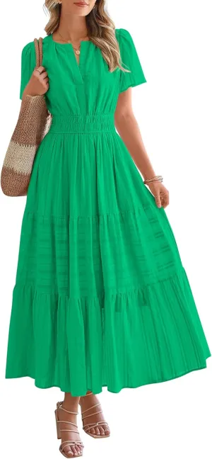 BTFBM Womens Summer 2025 Casual Midi Maxi Dresses Lightweight Short Sleeve V Neck Elastic Waist Boho Beach Dress Pockets