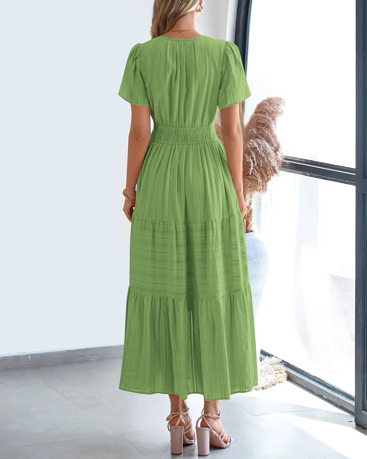 BTFBM Womens Summer 2025 Casual Midi Maxi Dresses Lightweight Short Sleeve V Neck Elastic Waist Boho Beach Dress Pockets