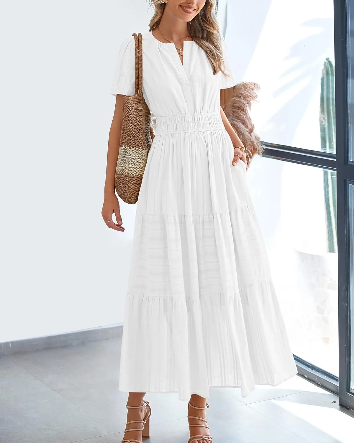 BTFBM Womens Summer 2025 Casual Midi Maxi Dresses Lightweight Short Sleeve V Neck Elastic Waist Boho Beach Dress Pockets
