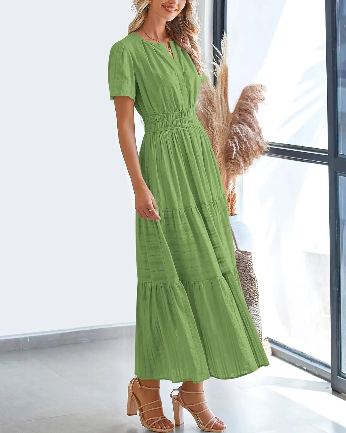 BTFBM Womens Summer 2025 Casual Midi Maxi Dresses Lightweight Short Sleeve V Neck Elastic Waist Boho Beach Dress Pockets