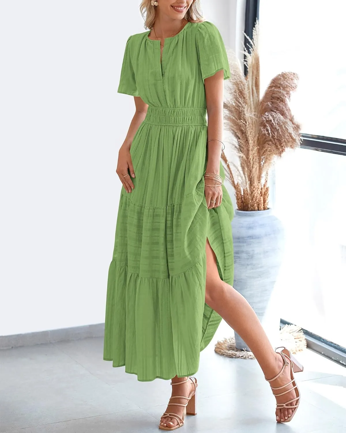 BTFBM Womens Summer 2025 Casual Midi Maxi Dresses Lightweight Short Sleeve V Neck Elastic Waist Boho Beach Dress Pockets