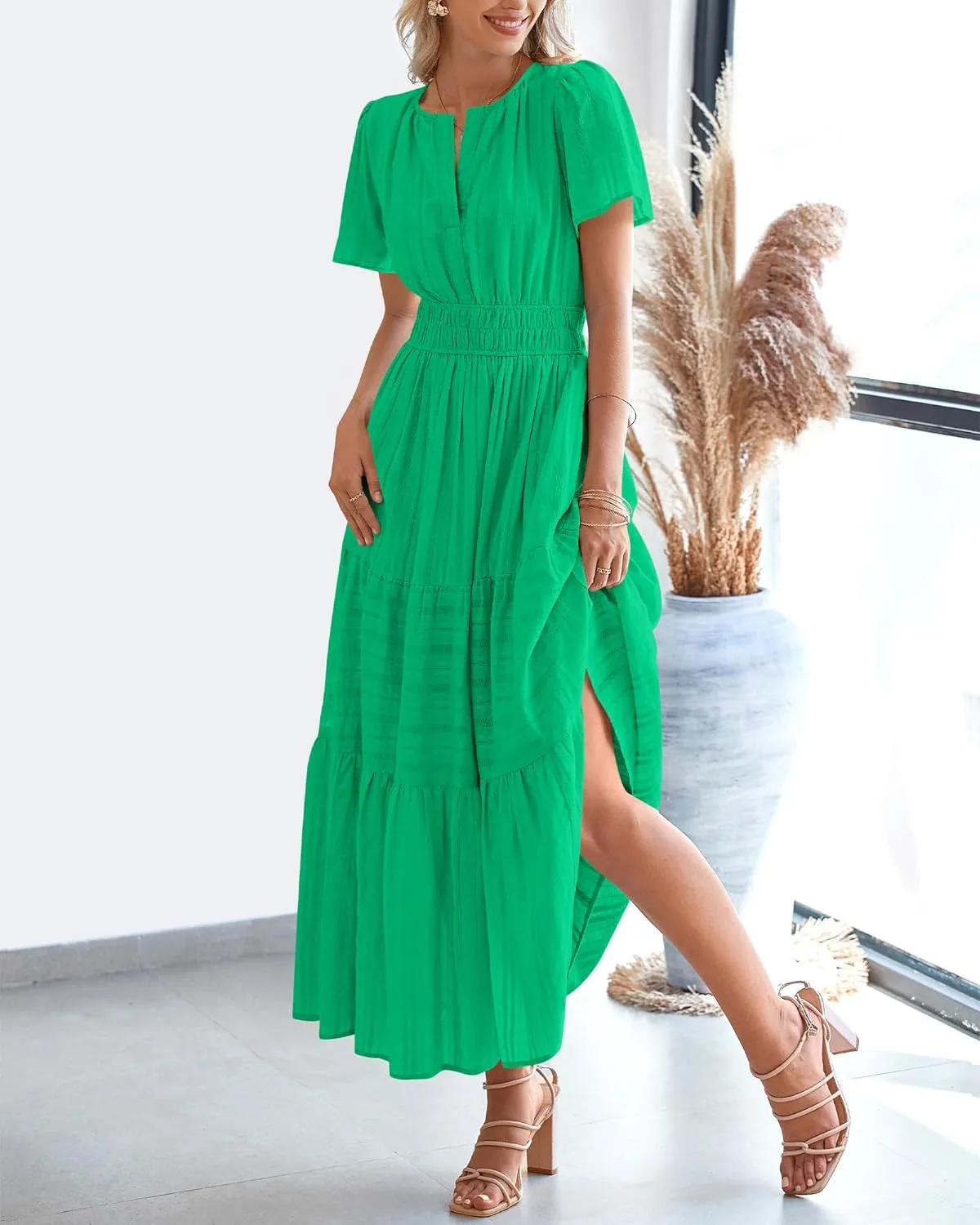BTFBM Womens Summer 2025 Casual Midi Maxi Dresses Lightweight Short Sleeve V Neck Elastic Waist Boho Beach Dress Pockets