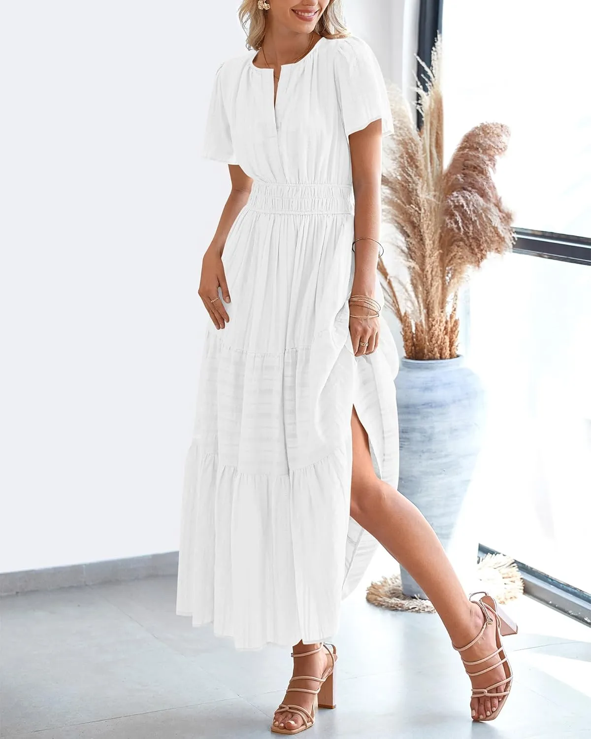 BTFBM Womens Summer 2025 Casual Midi Maxi Dresses Lightweight Short Sleeve V Neck Elastic Waist Boho Beach Dress Pockets