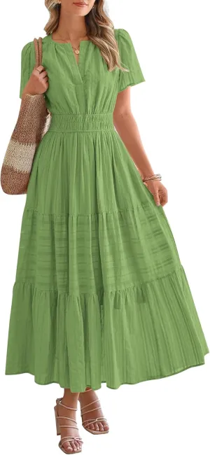 BTFBM Womens Summer 2025 Casual Midi Maxi Dresses Lightweight Short Sleeve V Neck Elastic Waist Boho Beach Dress Pockets