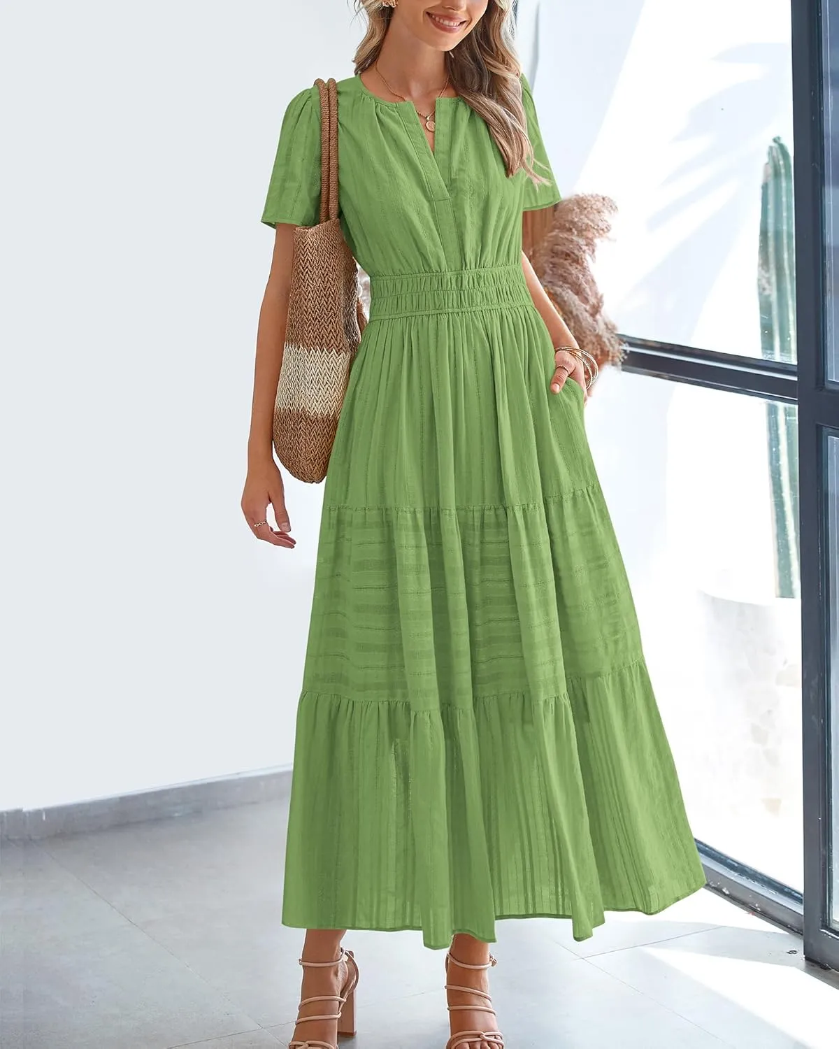 BTFBM Womens Summer 2025 Casual Midi Maxi Dresses Lightweight Short Sleeve V Neck Elastic Waist Boho Beach Dress Pockets