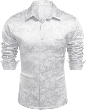 COOFANDY Mens Luxury Satin Dress Shirt Shiny Silk Long Sleeve Button Up Shirts Wedding Shirt Party Prom