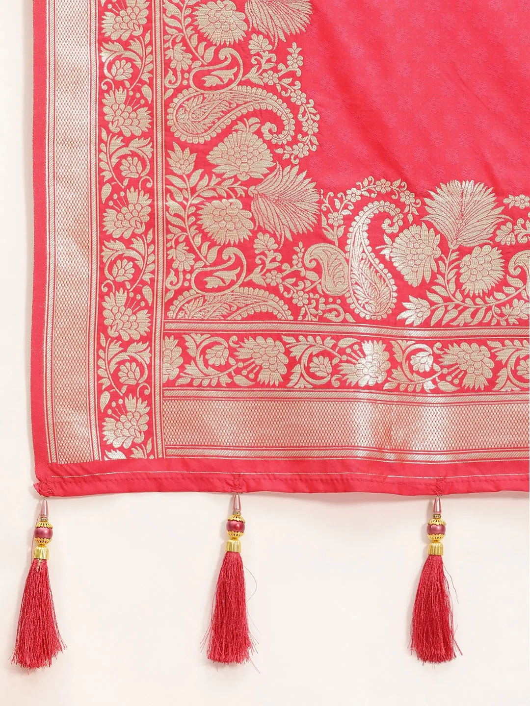 Coral Pink & Gold-Toned Paisley Zari Banarasi Saree