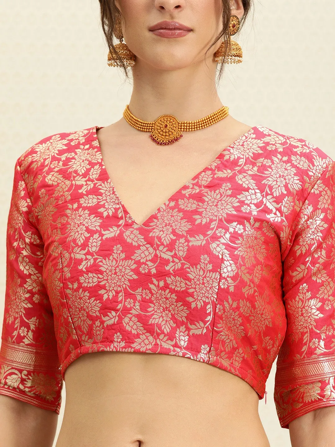 Coral Pink & Gold-Toned Paisley Zari Banarasi Saree