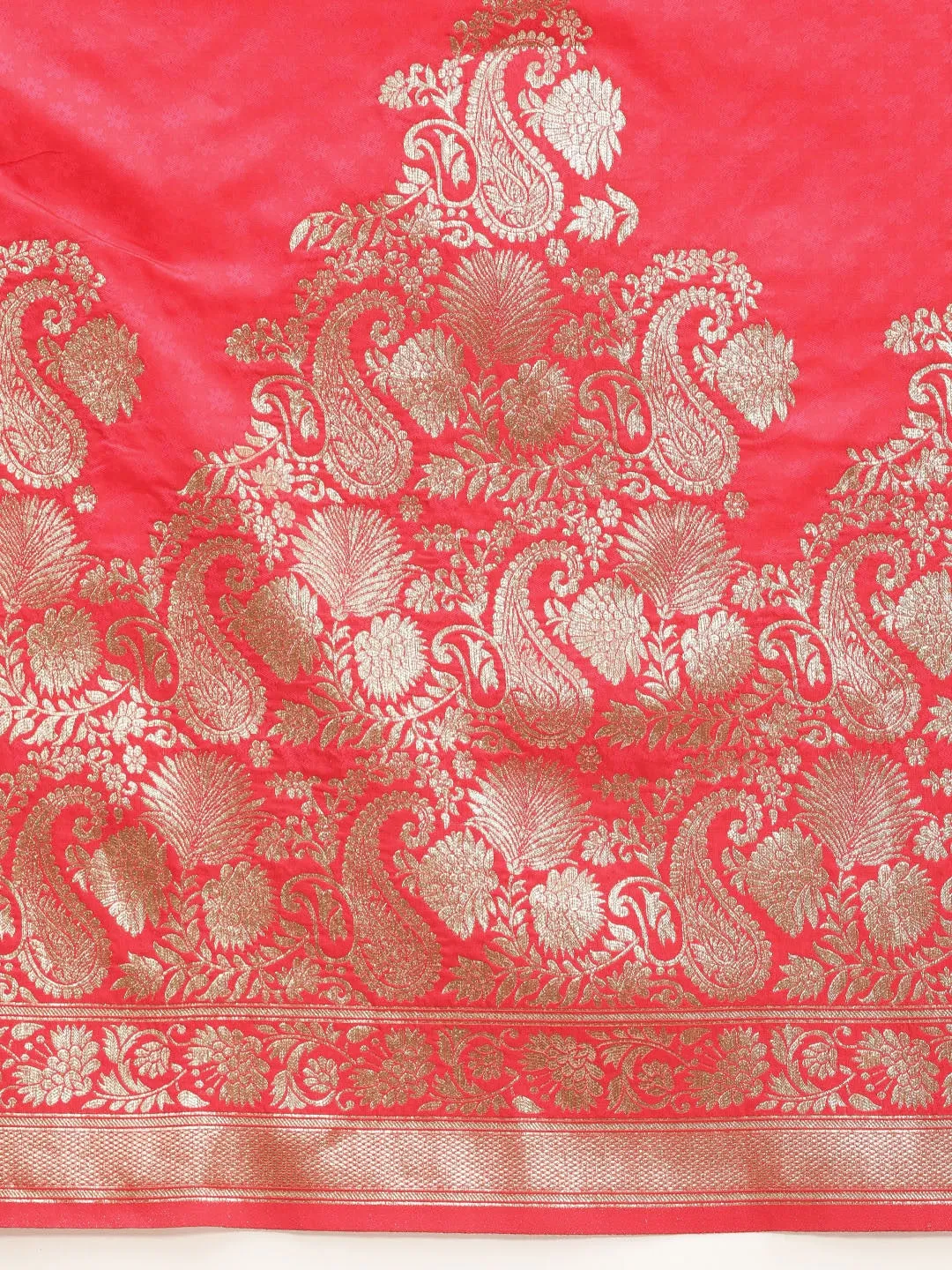 Coral Pink & Gold-Toned Paisley Zari Banarasi Saree