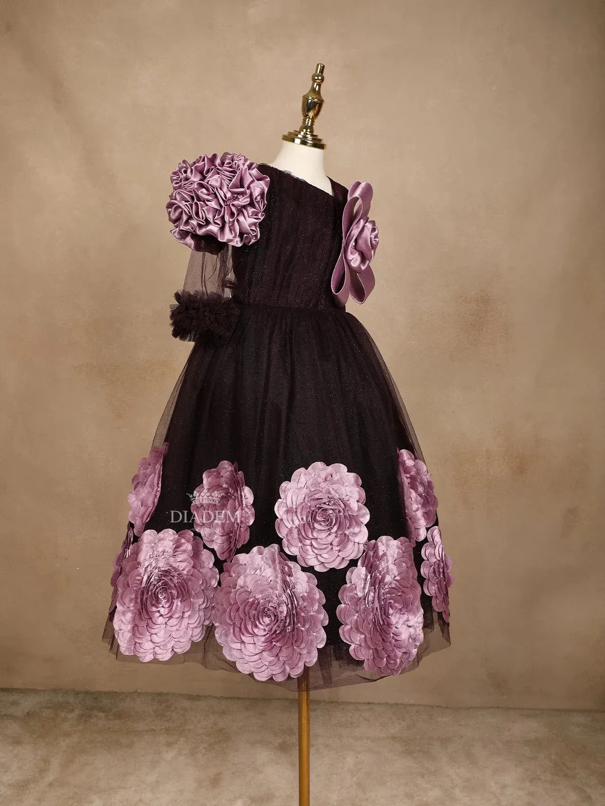 Dark Purple Glitter Net Gown Adorned with 3D Flowers