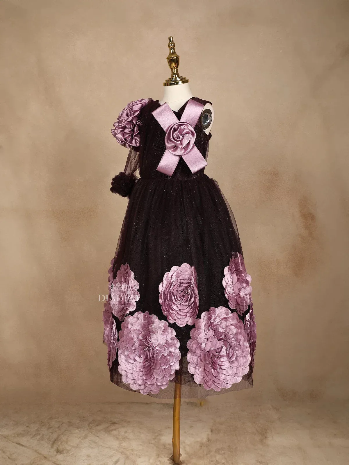 Dark Purple Glitter Net Gown Adorned with 3D Flowers