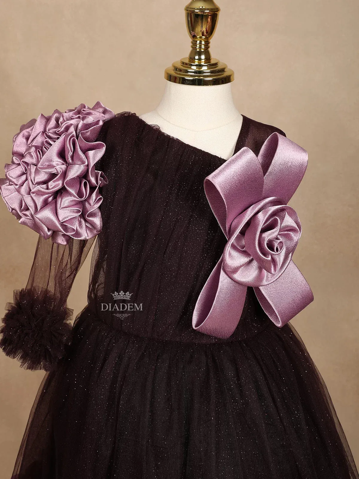 Dark Purple Glitter Net Gown Adorned with 3D Flowers