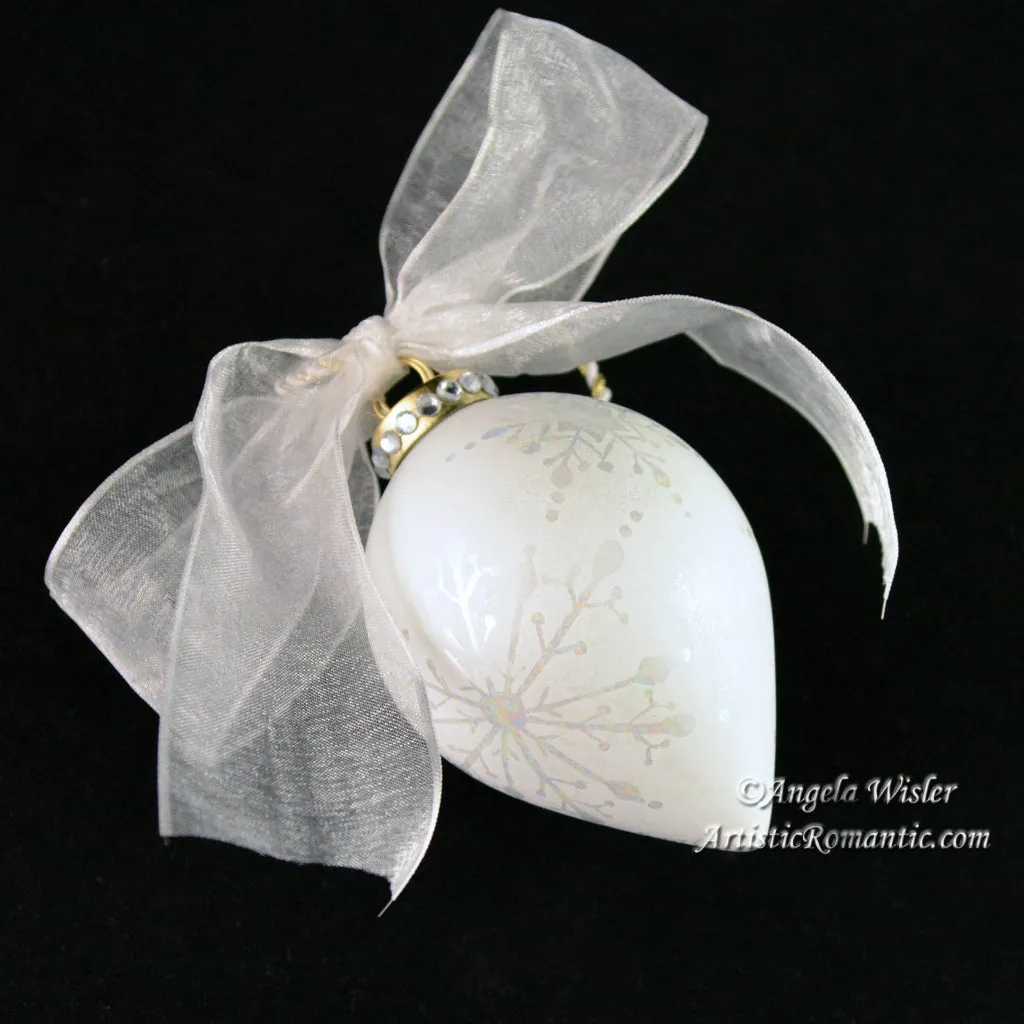 Elegant White Snowflake Victorian Teardrop Christmas Ornament