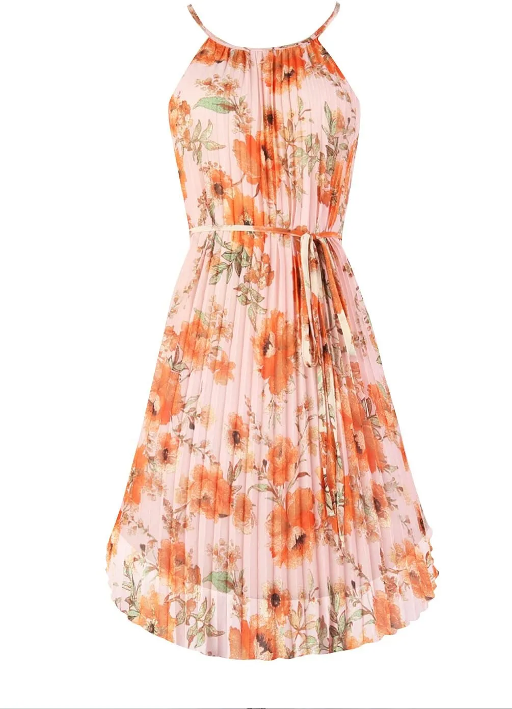 Ellames Women's 2024 Summer Spaghetti Strap Pleated Casual Swing Dress with Belt
