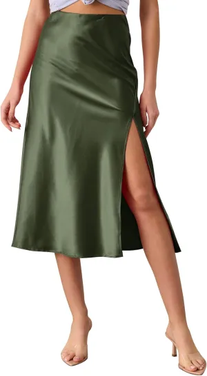Ezcosplay Womens Satin Midi Skirt High Waisted Silk Split Thigh Skirt Elastic Waist Silky Skirts with Slit
