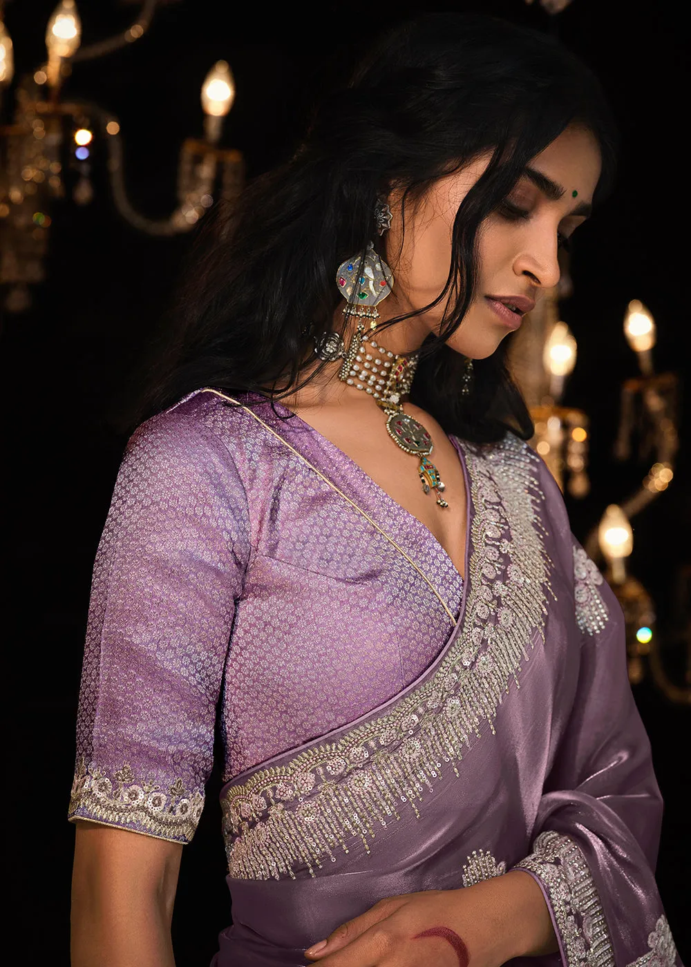 Fancy Lavender Embroidered Designer Wedding Wear Saree