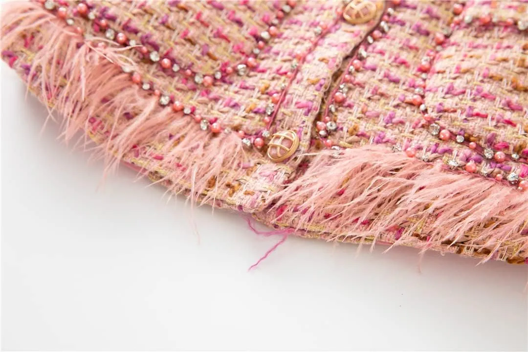 Fashion Autumn Winter Tweed Jackets Women Sweet Long Sleeve Gorgeous Beading Pockets Pink Coat Top