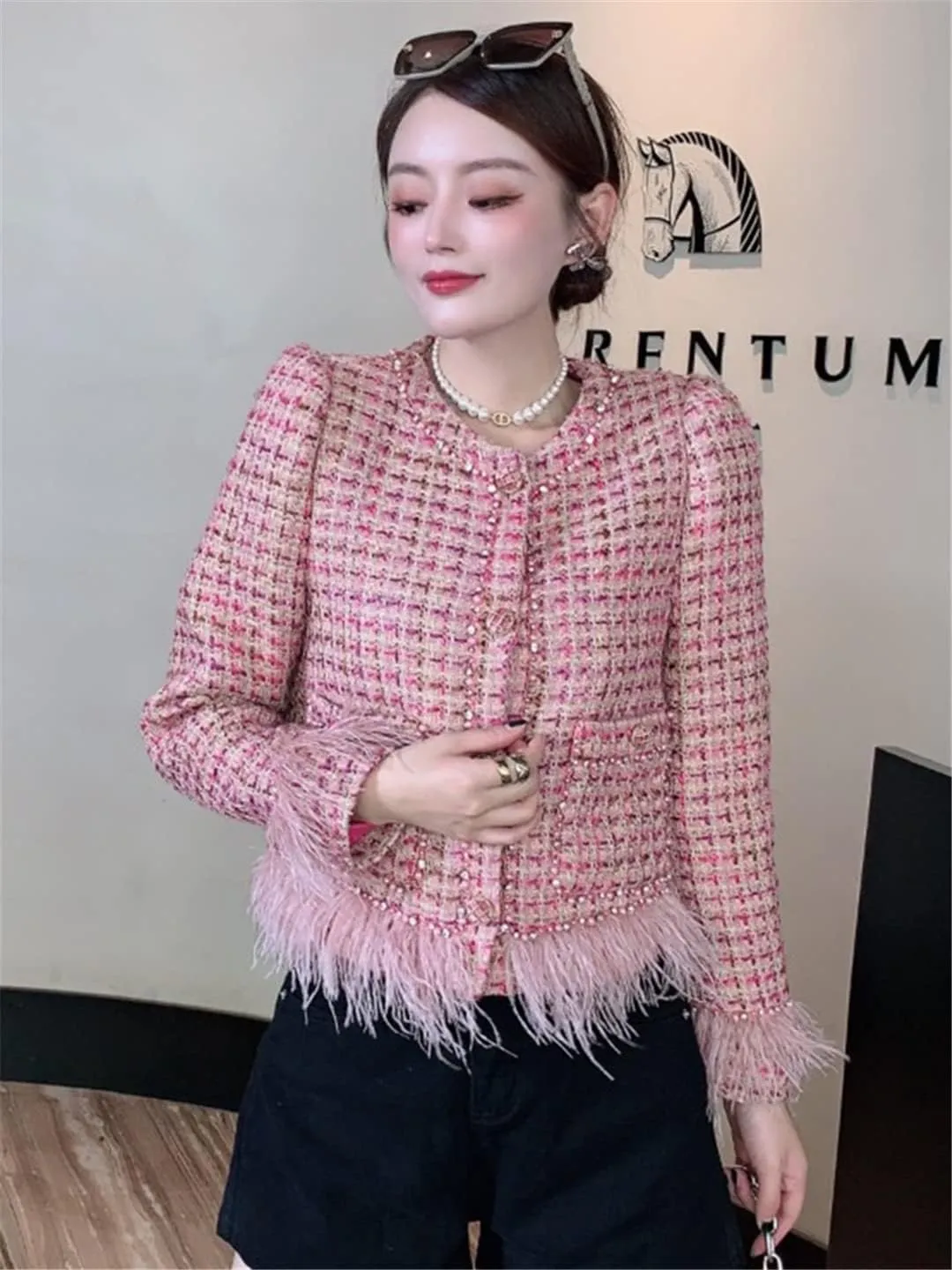 Fashion Autumn Winter Tweed Jackets Women Sweet Long Sleeve Gorgeous Beading Pockets Pink Coat Top
