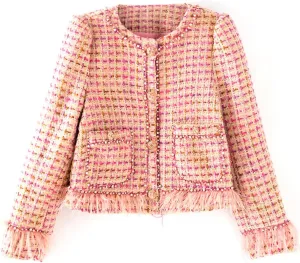 Fashion Autumn Winter Tweed Jackets Women Sweet Long Sleeve Gorgeous Beading Pockets Pink Coat Top