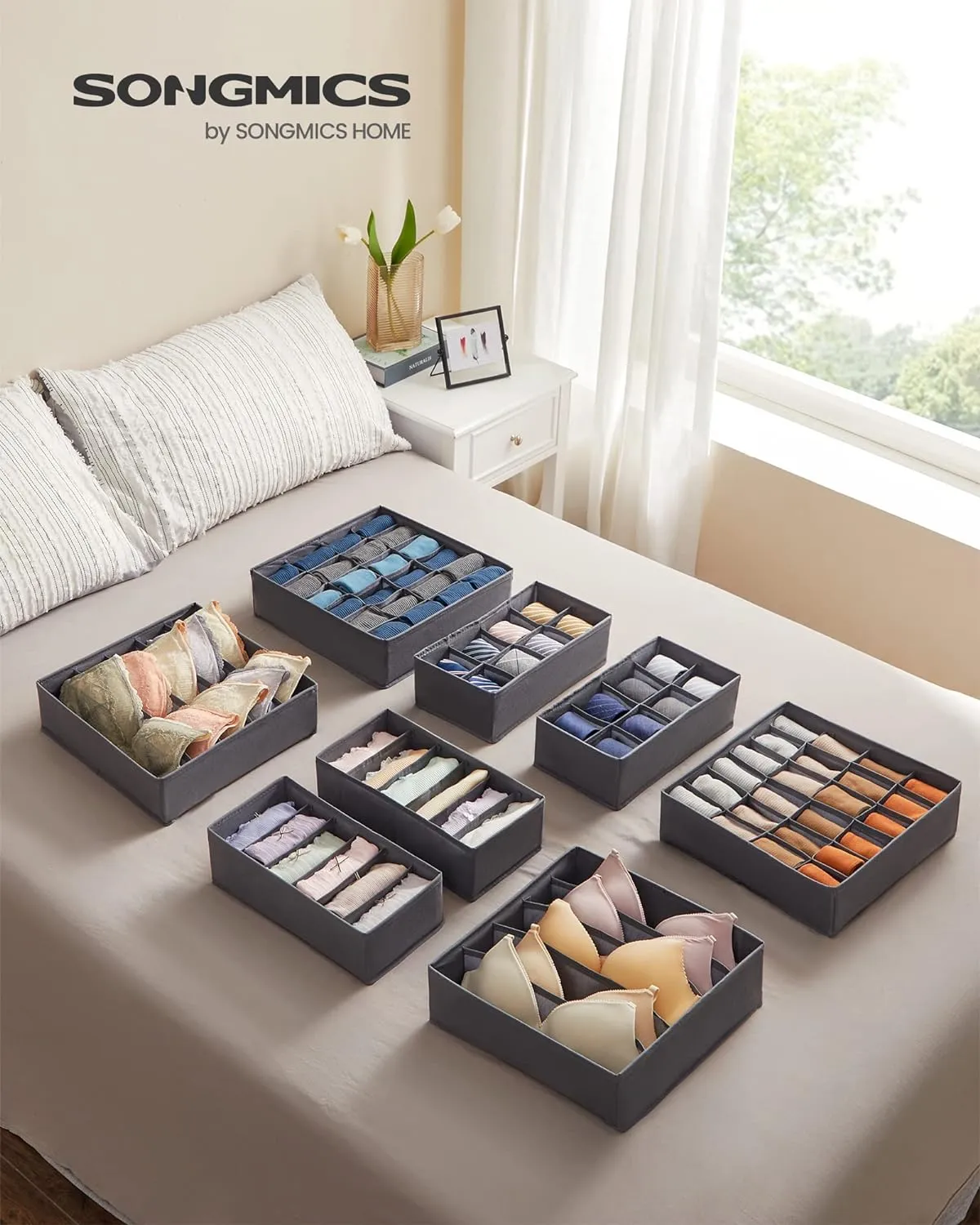 Foldable Fabric Underwear Storage Boxes Set of 8, Grey - SONGMICS