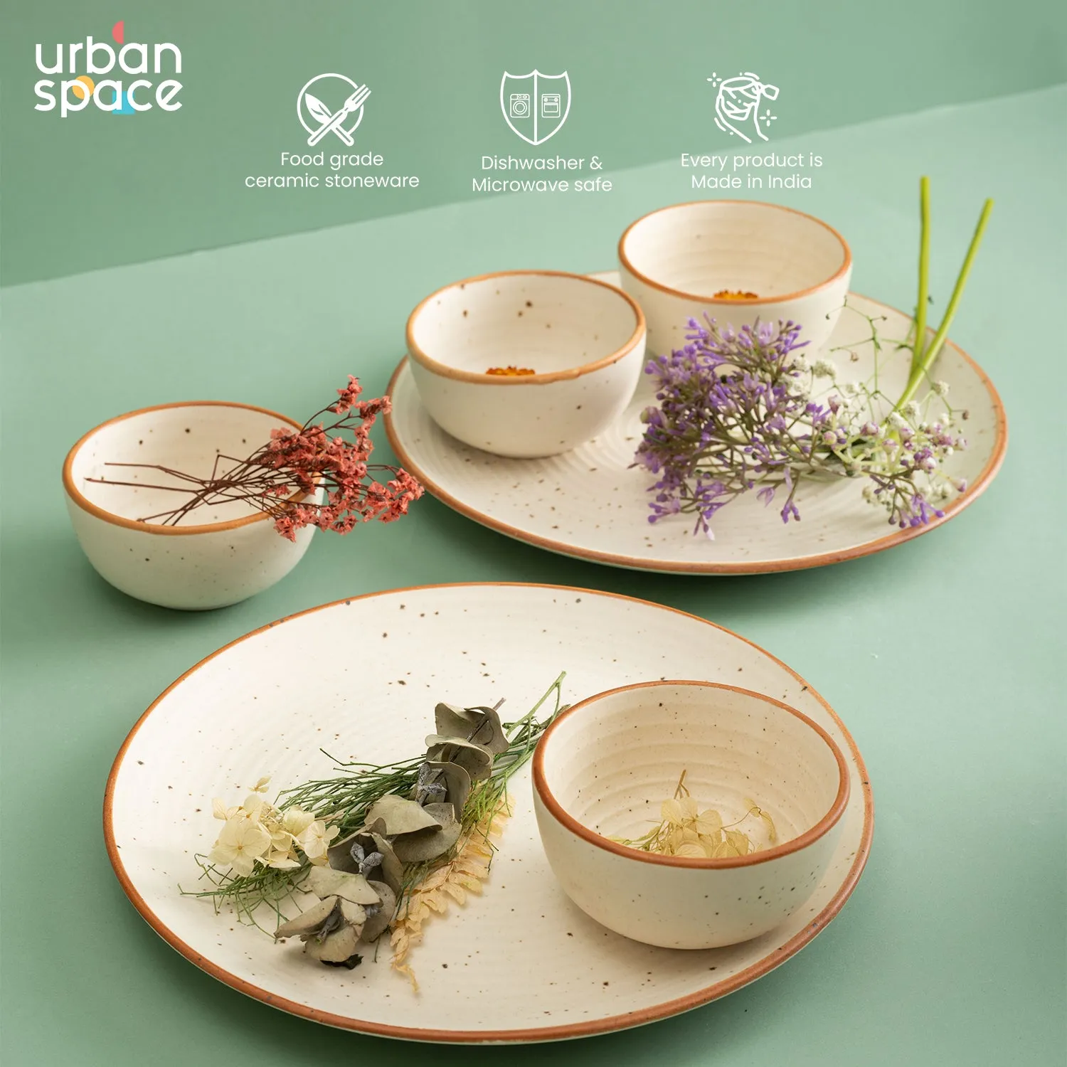 Handmade Ceramic Dinner Set for 2, set of 2 Dinner plates and 4 katoris, Set of 6, Natural Beige