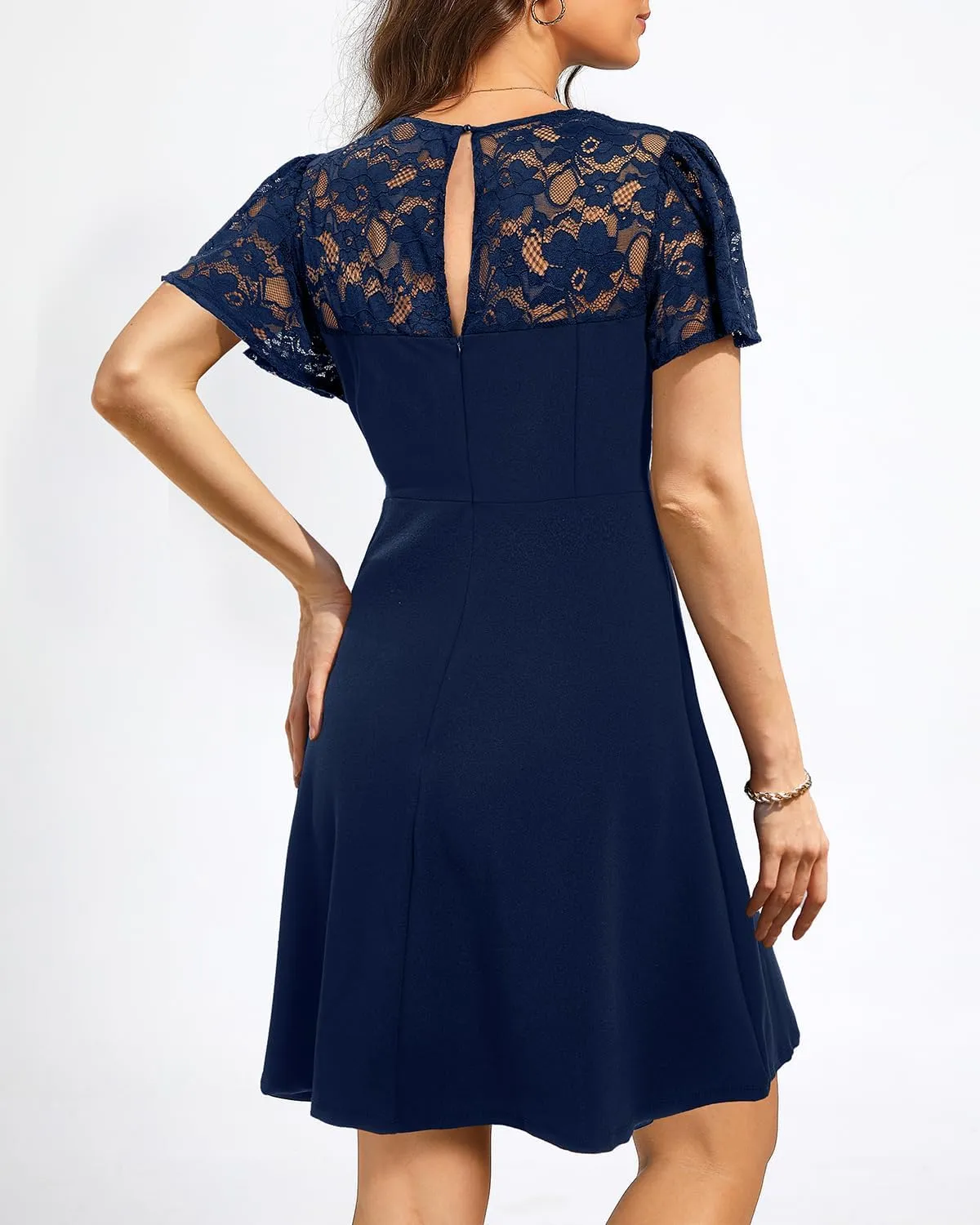 Holipick Women's Cocktail Dresses Wedding Guest Party Crew Neck Short A Line Dress with Lace Sleeves