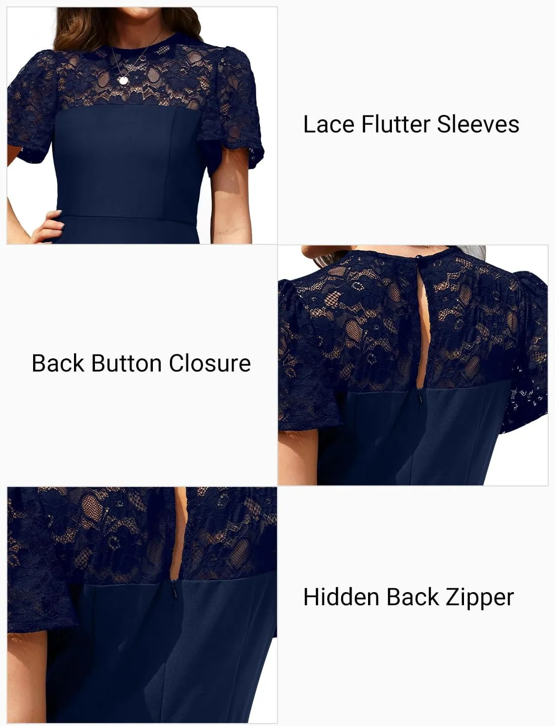 Holipick Women's Cocktail Dresses Wedding Guest Party Crew Neck Short A Line Dress with Lace Sleeves
