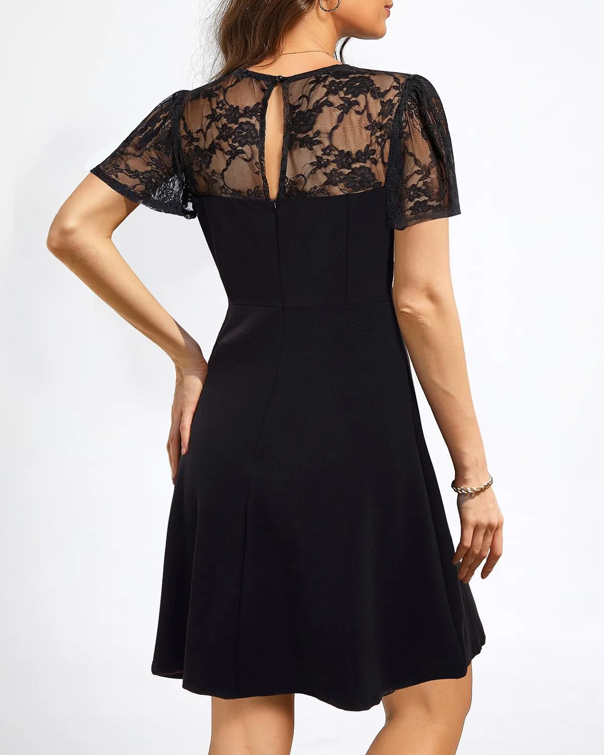 Holipick Women's Cocktail Dresses Wedding Guest Party Crew Neck Short A Line Dress with Lace Sleeves