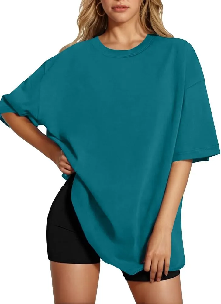 HOTOUCH Womens Oversized T Shirts Crewneck Short Sleeve Workout Blouse Tops Summer Casual Dropped Shoulder Tunic Tee