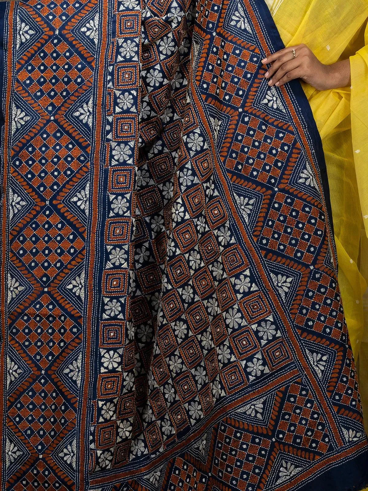 Indigo Bangalore Silk Kantha Stitch Dupatta