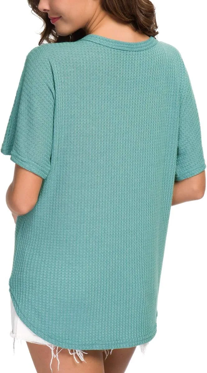 IWOLLENCE Women's Waffle Knit Tunic Blouse Tie Knot Short Sleeve Henley Tops Loose Fitting Bat Wing Shirts