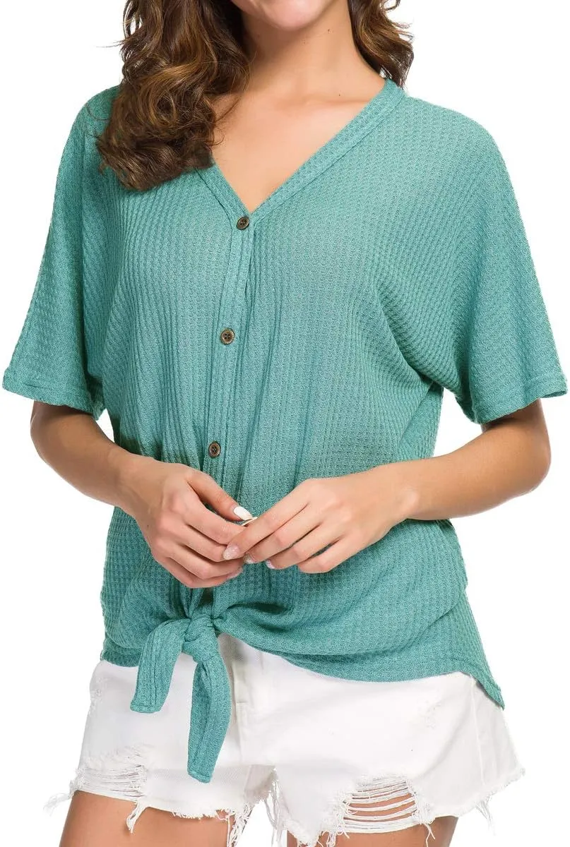 IWOLLENCE Women's Waffle Knit Tunic Blouse Tie Knot Short Sleeve Henley Tops Loose Fitting Bat Wing Shirts