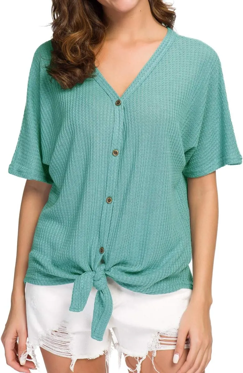 IWOLLENCE Women's Waffle Knit Tunic Blouse Tie Knot Short Sleeve Henley Tops Loose Fitting Bat Wing Shirts
