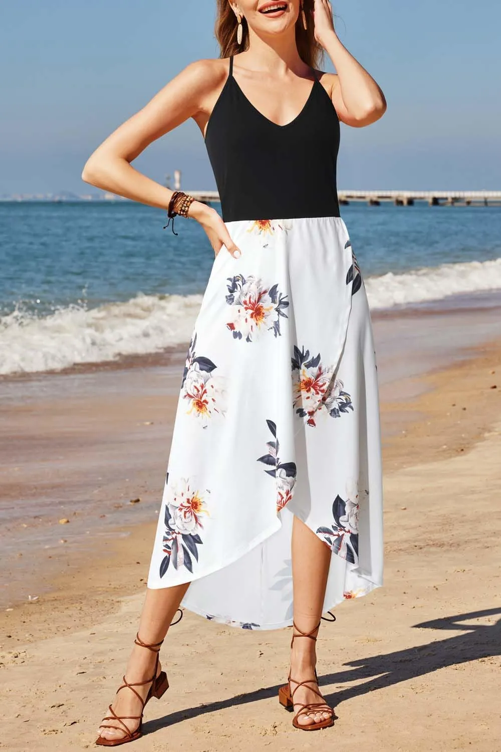 KILIG Women's V Neck Sleeveless Casual Summer Sundresses Asymmetrical Patchwork Floral Maxi Dresses