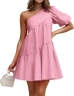 KIRUNDO Summer One Shoulder Mini Baby Doll Dresses Women 2025 Casual Puff Sleeve Loose Tiered A Line Flowy Short Dress