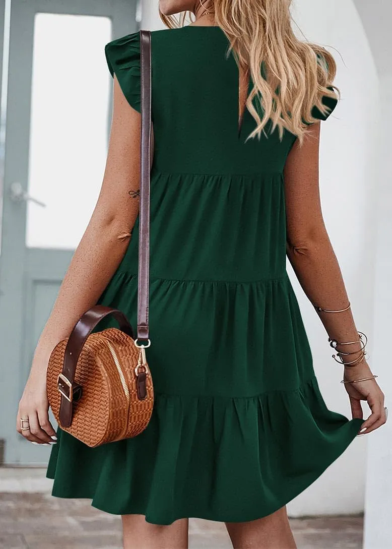 KIRUNDO Women's Summer Dresses Sleeveless Ruffle Sleeve Round Neck Solid Loose Short Flowy Pleated Mini Babydoll Dress