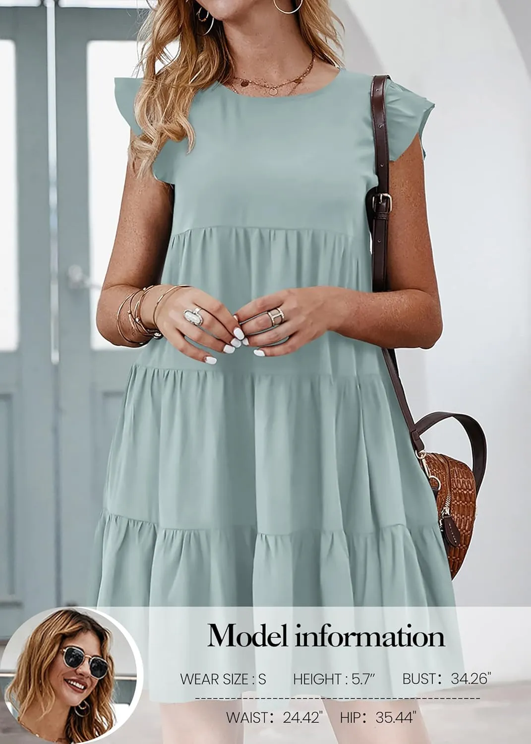 KIRUNDO Women's Summer Dresses Sleeveless Ruffle Sleeve Round Neck Solid Loose Short Flowy Pleated Mini Babydoll Dress